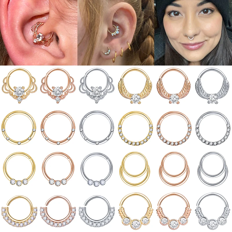 AOEDEJ 16/20G Rose Gold Color Septum Clicker Ring Stainless Steel Daith Earring Crystal Flower Nose Ring Jewelry Helix Hoop Ring