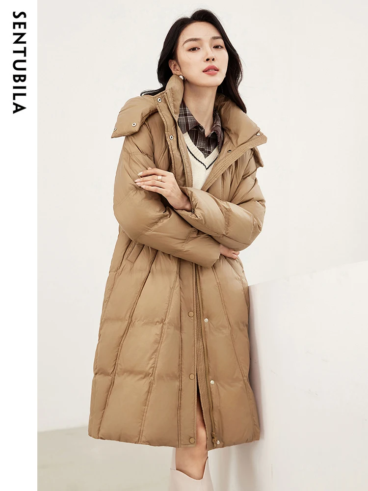 Imagem -04 - Jaqueta Puffer Sentubila com Capuz para Mulheres Comprimento Médio Gola de pé Cabolsas de Baixo Cinto Quente Moda Inverno 2023 W34y49490