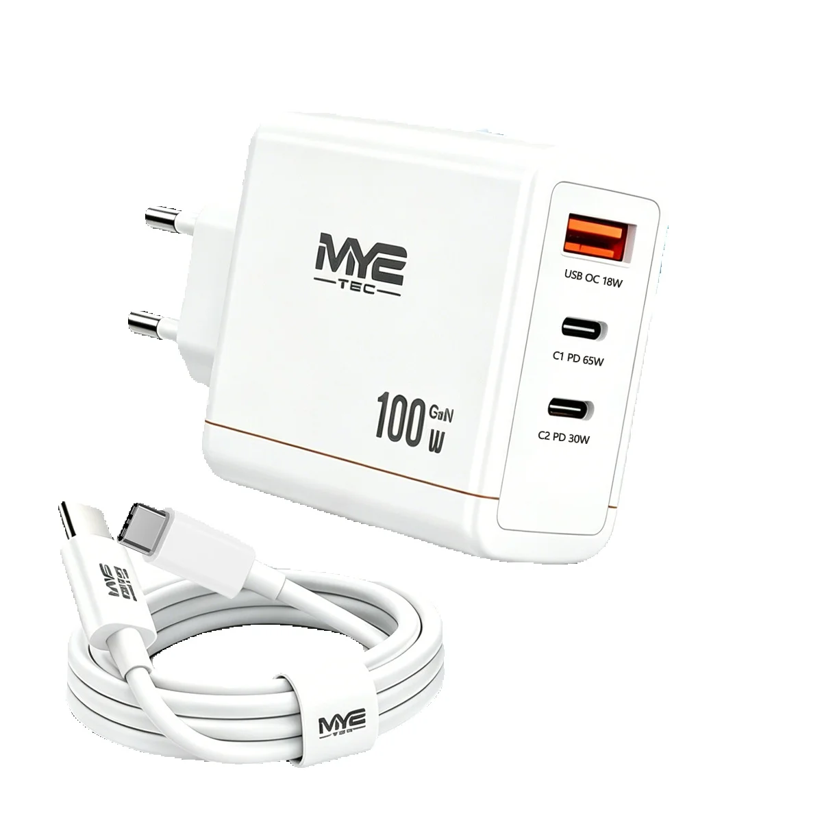 100W GaN USB-C Schnellladegerät 3-Port mit PD 65W/30W, USB-A, inkl. 100cm USB-C Kabel