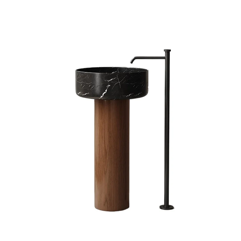 Medieval style wood grain column basin hotel B & B creative column type wash basin black and white root vertical type