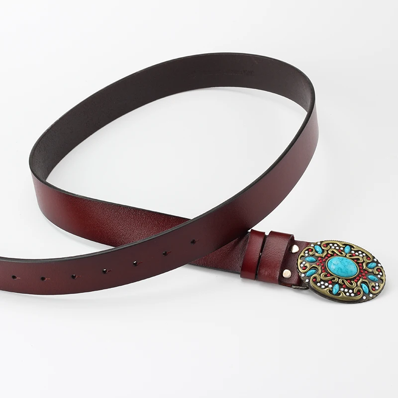Fashion Women's Genuine Leather Belt Mosaic Gem Turquoise Belts Metal Buckle Arabesque Pattern Retro Lady Jeans Waistband Gift