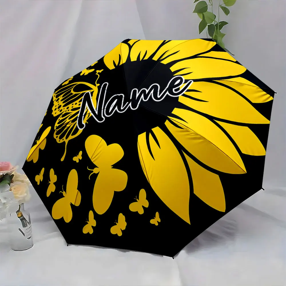 Custom Name Butterfly and Sunflower Umbrella Design 8 Iron Ribs Folding Umbrella Auto-Open Fashionable Sunshade Deluxe Gift