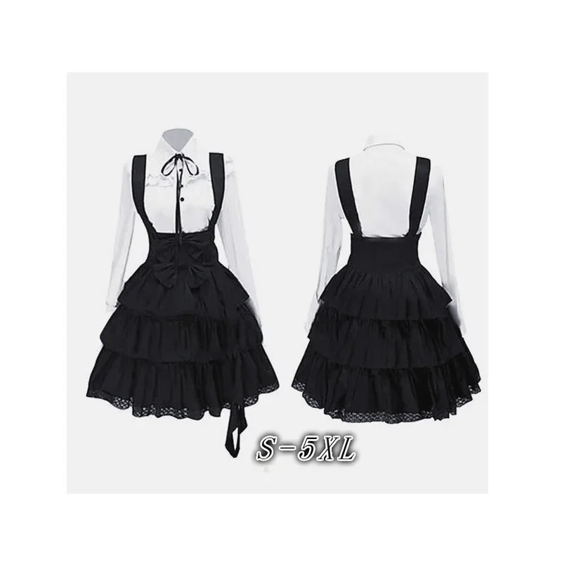 Women Classic Lolita Dress Vintage Women's Outfits Cosplay Anime Inspired Girls Long Sleeve Black Knee Length Shirt Dress S-5XL