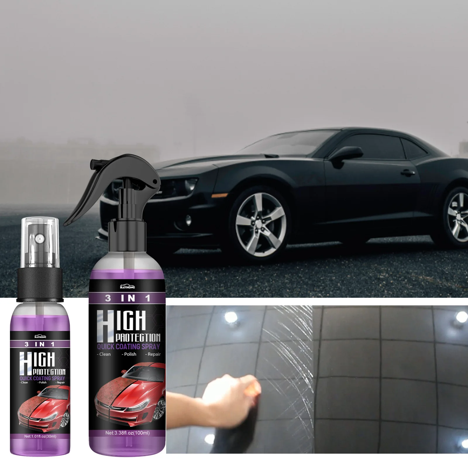 3 in 1Protection Quick Coating Spray Waterless Wash Car Coating Fast Wax Polishing Spray Plastic Refresher Fast Scratch Repair