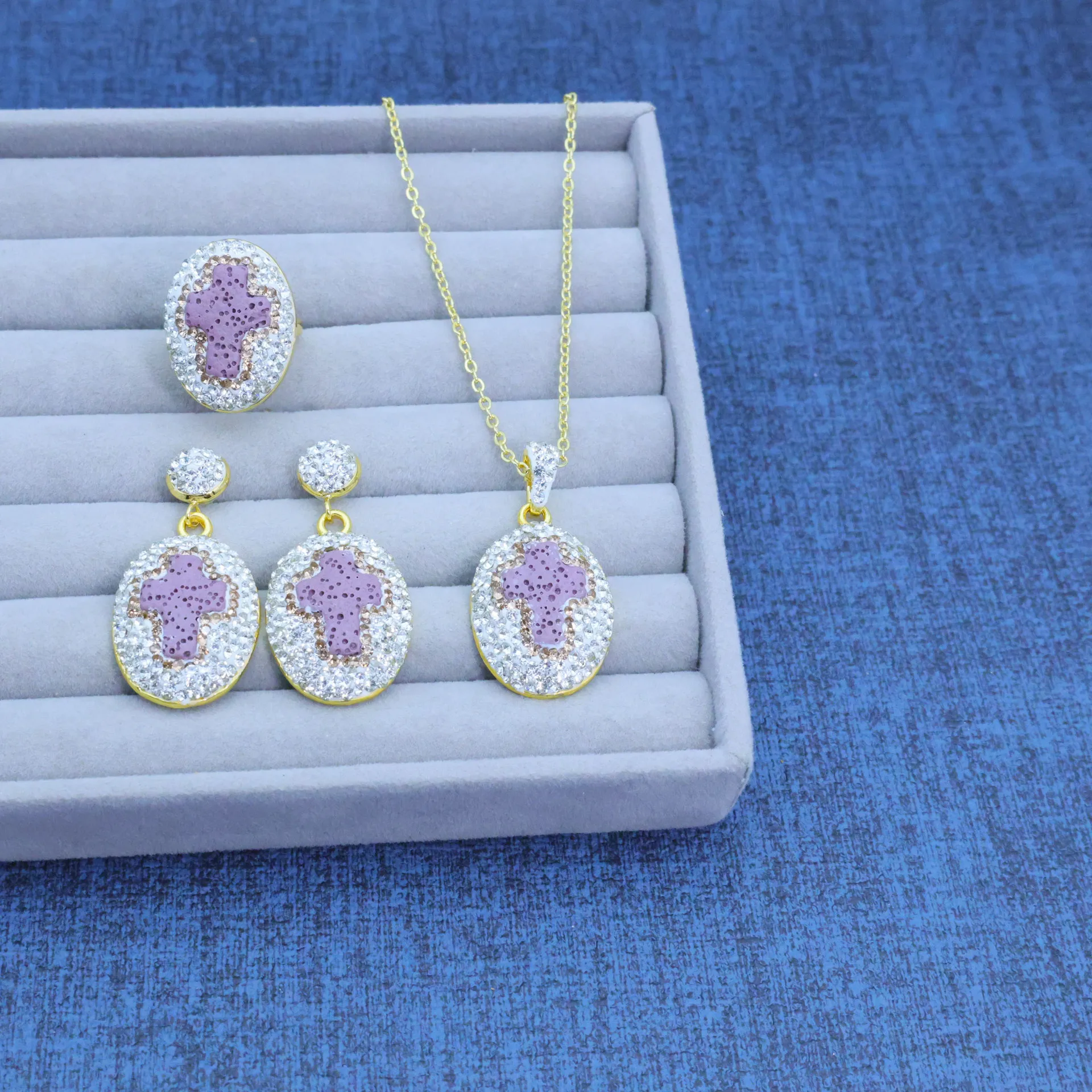 Europe and the United States new popular volcanic stone cross handmade jewelry DIY design fashion temperament three-piece set