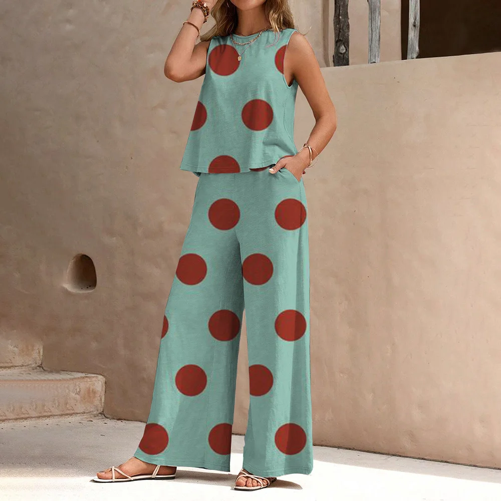 Summer Polka Dot Print Casual Pants Suit Crew Collar Sleeveless Vest Wide Leg Pants Suit Spring Summer Women 2024 New Model