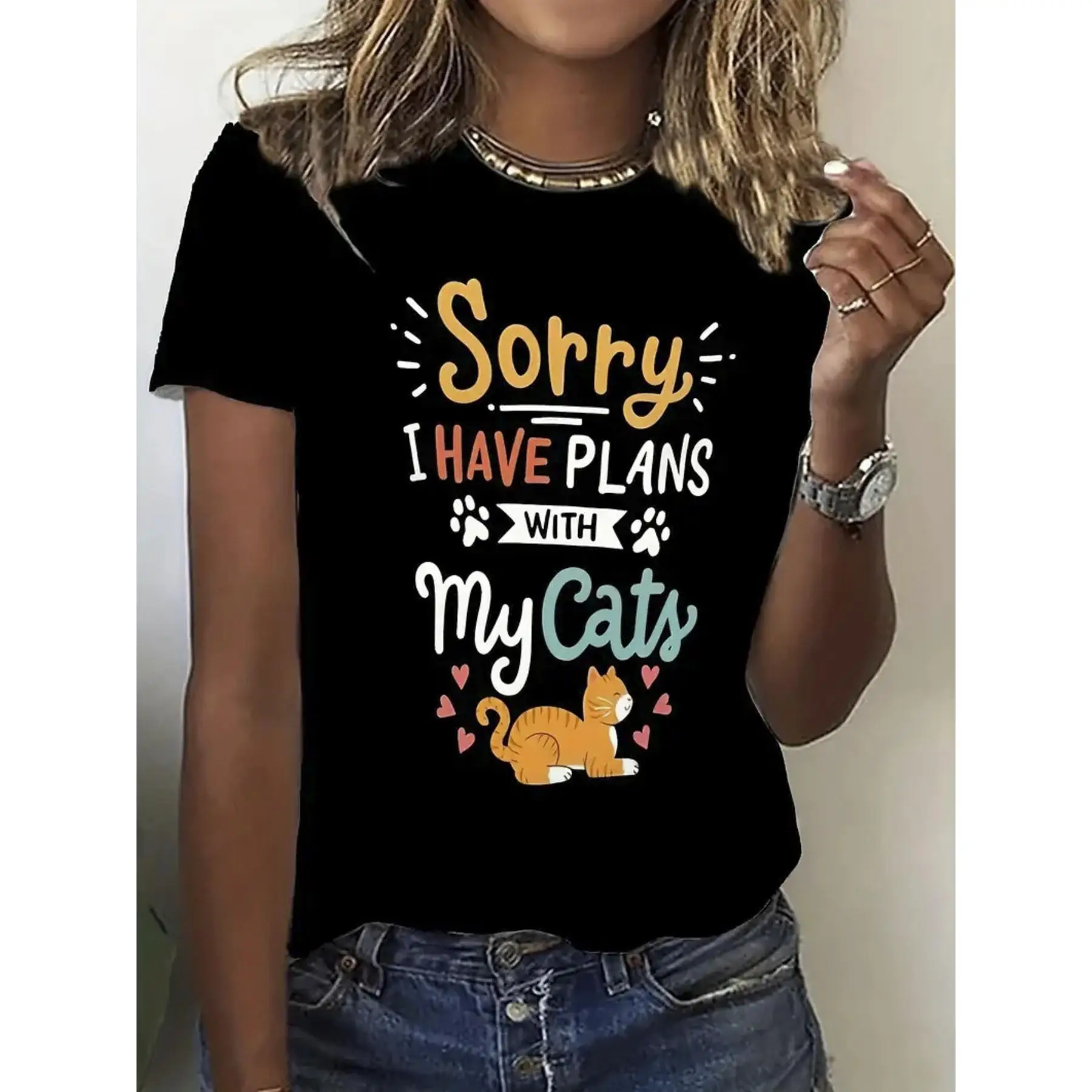 

Fun Cat And Letter Pattern Printed T-Shirt, Spring And Summer Round Neck Short Sleeved Women'S T-Shirt, Lightweight And Breathab