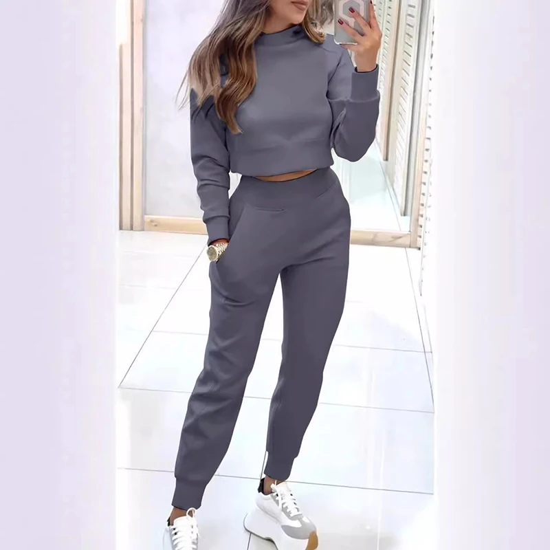 Winter New Casual High Collar Long Sleeve Tops+Pocket Pants Two PIece Set Elegant Slim Office Set Fashion Solid Lady Sport Suits