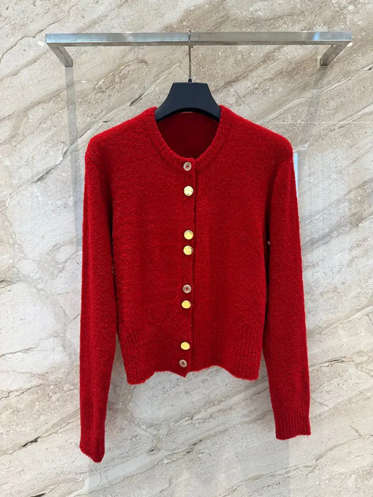 

Simple Knitted Mix Pure Color Early Spring New Sle Women's Faion Set with Decorative Cardigan High Value Gold Button