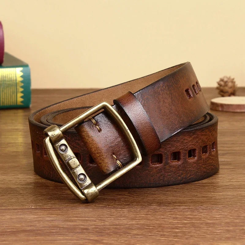 3,8 CM Reine Rindsleder Hohe Qualität Echtes Leder Gürtel für Männer Strap Männlichen Messing Schnalle Phantasie Vintage Jeans Cowboy Cintos luxus