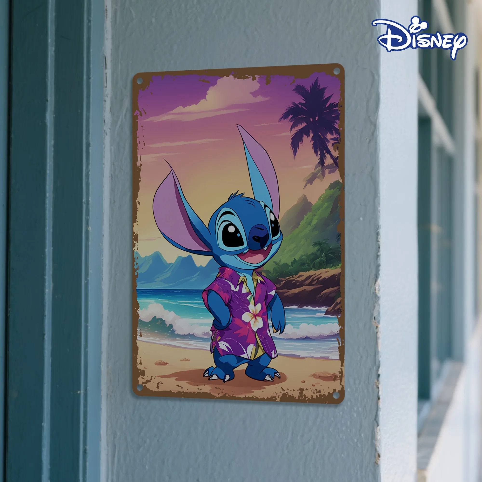 قطعة واحدة من لافتة ديزني ستيتش المعدنية من القصدير - لوحة فنية جدارية على الشاطئ الاستوائي مع أشجار النخيل وموجات المحيط، ديكور حديد متين مقاس 8 × 12 بوصة