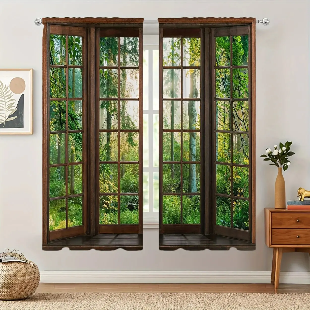 قطعتان - ستائر مطبوعة بإطار خشبي مقلد للحديقة، ستائر كيس عمود 42*84، غرفة النوم، غرفة المعيشة، ديكور غرفة المنزل