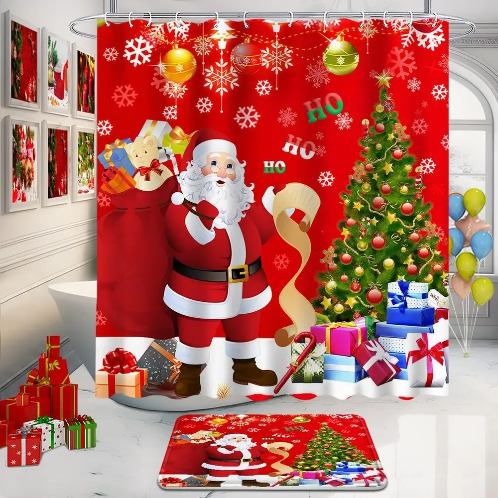 طقم حمام عيد الميلاد مكون من 4 قطع: ستارة حمام وسجاد وغطاء غطاء مرحاض مع سانتا وهدايا