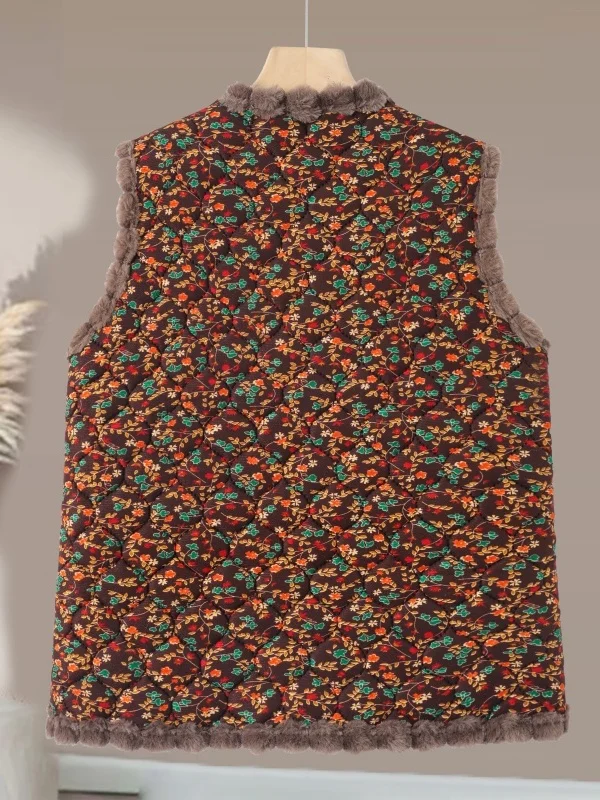 سترة نسائية بنمط عرقي مبطنة بالصوف الدافئ، مصنوعة من ألياف البوليستر السميكة، بياقة على شكل V ونقش زهري، إغلاق بزر واحد، ملاب...