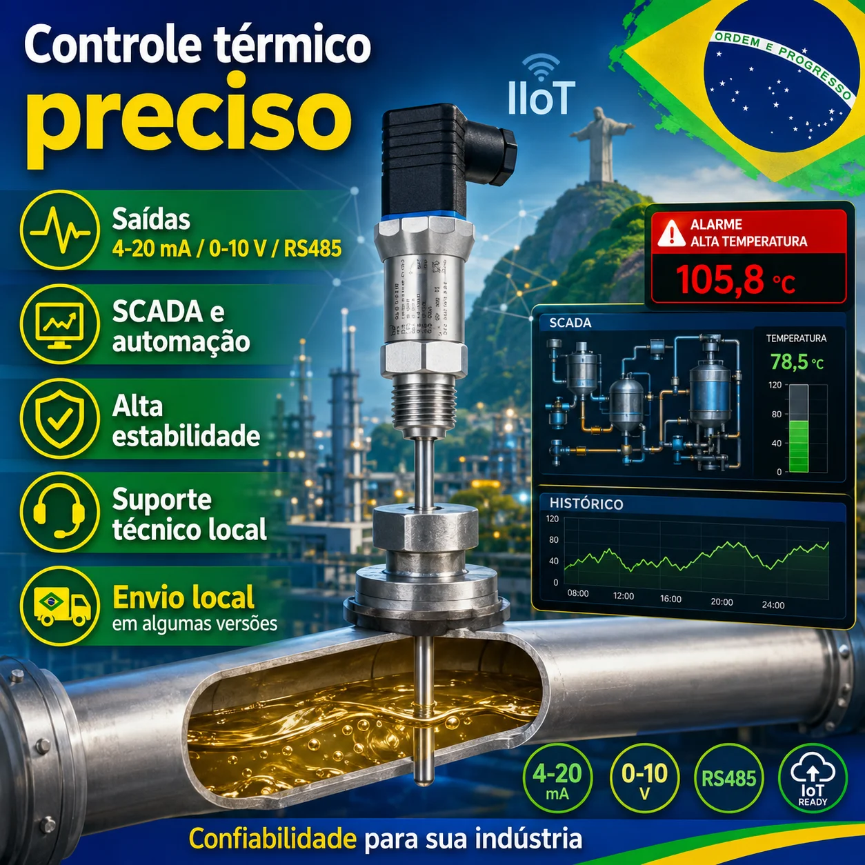 Integrated PT100 Temperature Transmitter 4–20 mA, 0–10 V, 5 V; Industrial Temperature Sensor with RS485 Modbus for Tanks and Piping