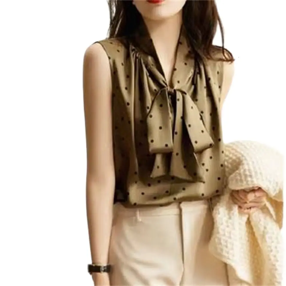 

Fashion Blouse Bow V-Neck Printed Polka Dot Sleeveless Satin Shirt 2024 Summer Commute Tops Elegant Women Clothing Shirt Korean