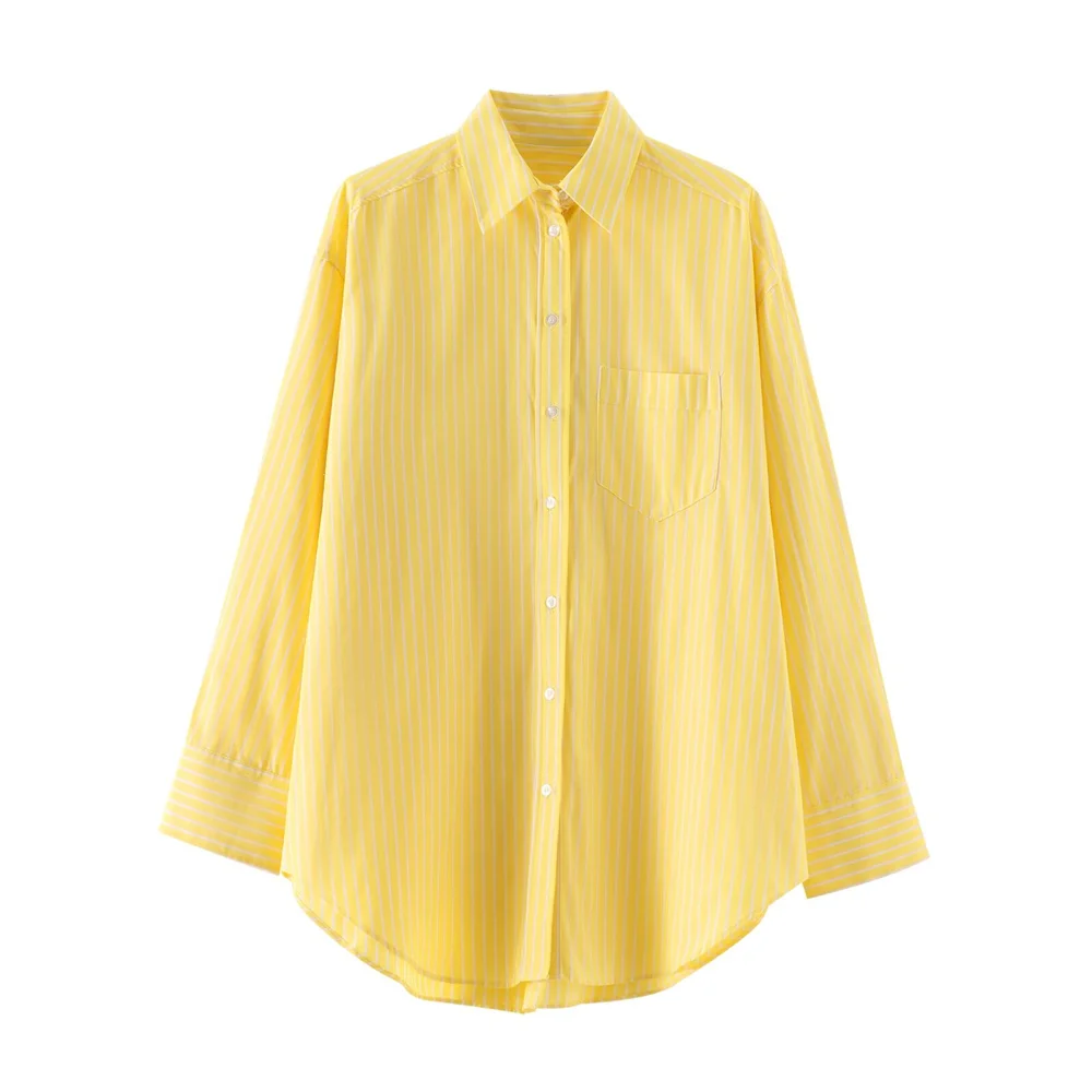 2024ZAR Summer New Product Women\'s casual loose collar long sleeved yellow striped single breasted shirt