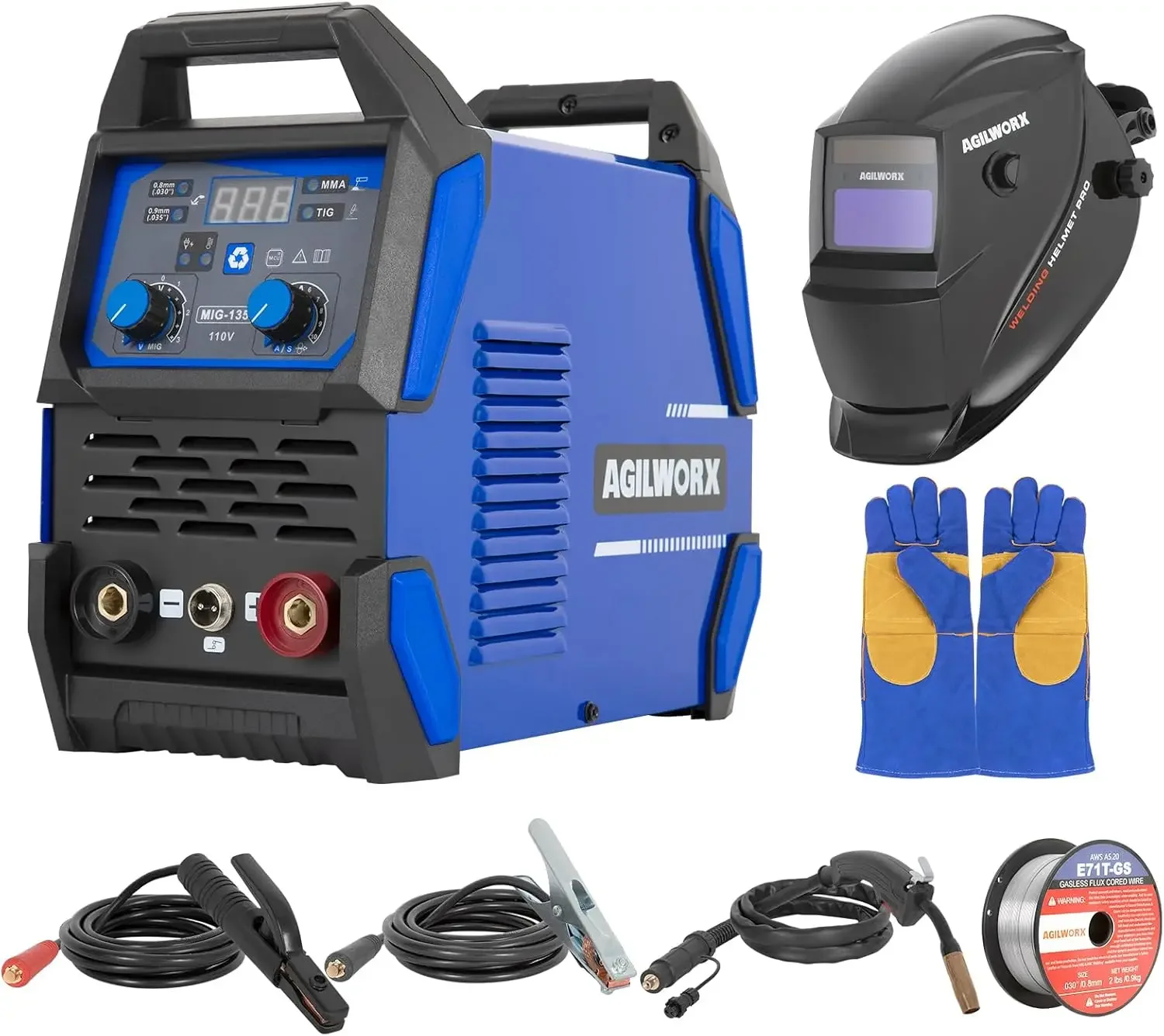 

135A MIG Welder, 110V Flux Core MIG/Lift TIG/Stick 3-in-1 Welding Machine IGBT Inverter Portable Welder Equipment