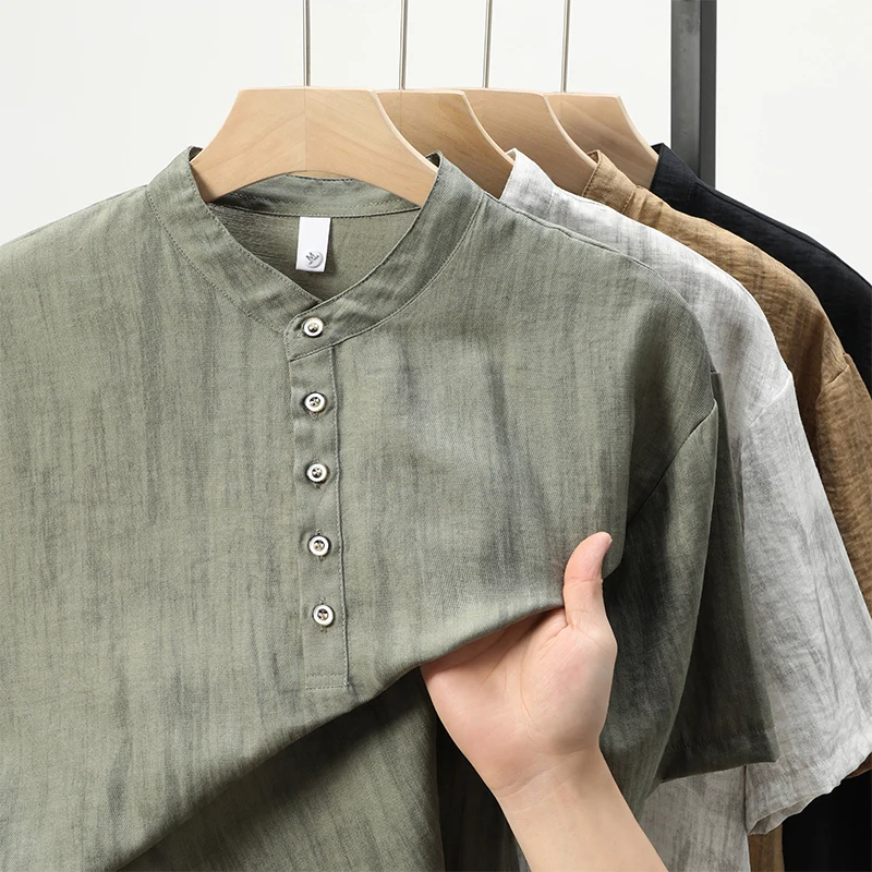 Men's Henry Collar Linen Short Sleeve Shirt Harajuku Summer Fashion Casual Holiday Vacation Half Cardigan Button Down Shirt