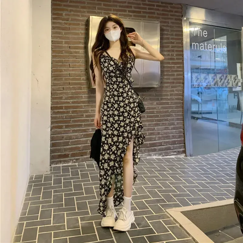 민소매 드레스 여성 꽃 사이드 슬릿 Sundress Bodycon 레트로 불규칙한 프레리 소녀의 달콤한 섹시한 레트로 하라주쿠 디자인 쿨
