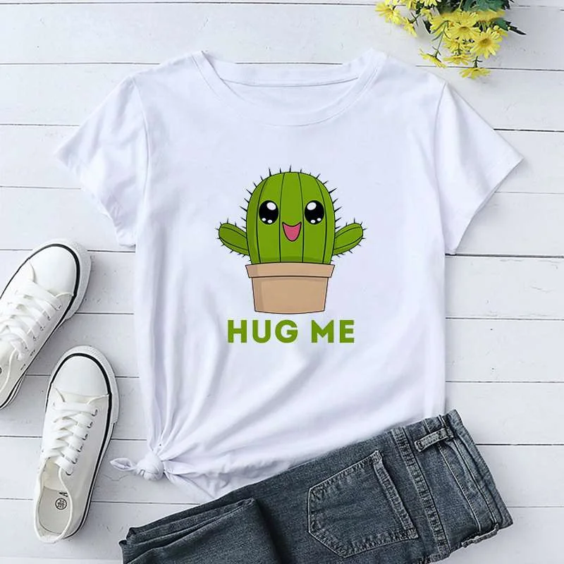 

Funny Cactus Hug Me Print T-shirts For Women Summer Round Neck Unisex Tee Shirt Femme Fashion Casual T-shirts