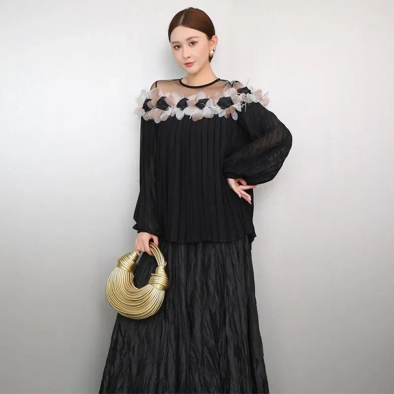 

spring summer Women's Blouse Three Dimensional Flower Mesh Splicing Lantern Sleeves Chiffon Shirt Pleated Top Fashionable