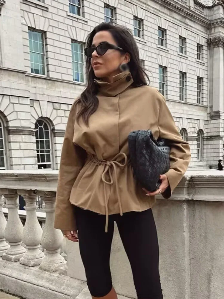 HH Woman New Fashion Coats Soild Turn-Down Collar Long-Sleeved Lace-Up Decoration Single-Breasted Female Autumn Casual Jacket