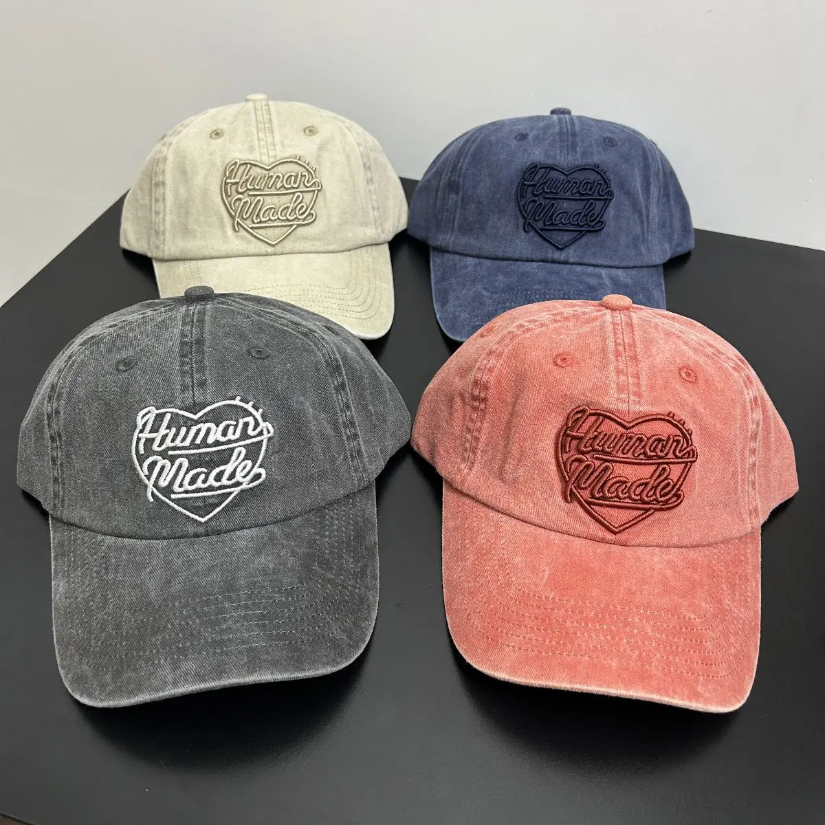 HUMANMADE Heart Embroidery Baseball Cap, Vintage Washed Curved Brim Summer Hat for Unisex