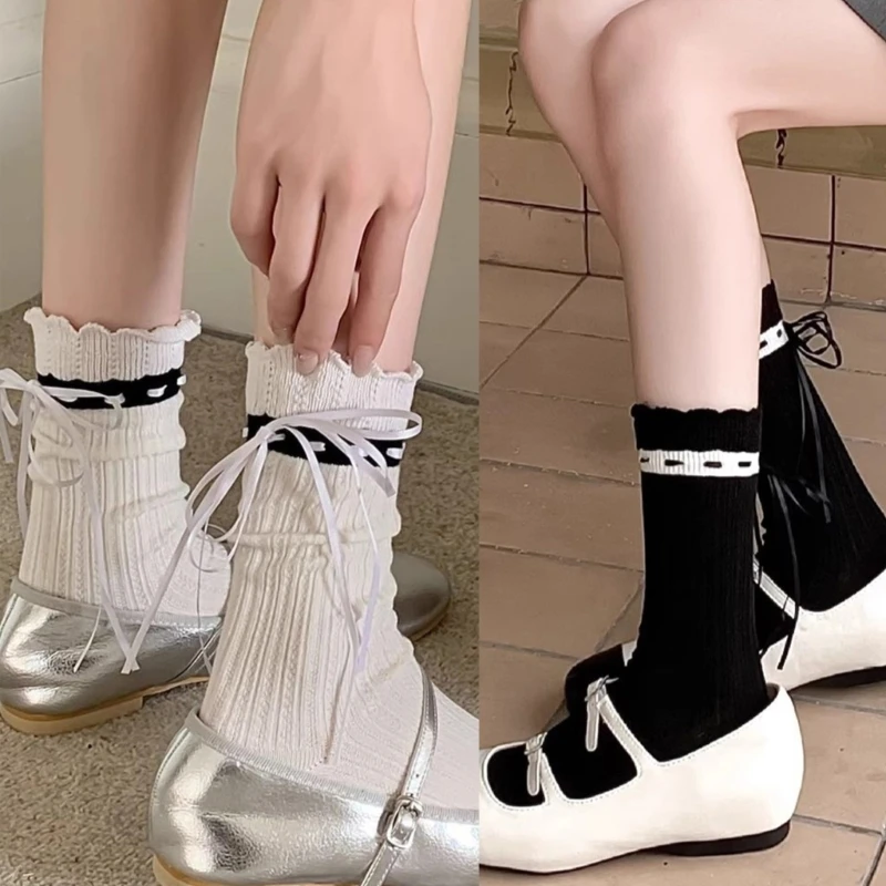 

Women Student Middle Tube Ribbed Cotton Socks Stockings Japanese Sweet Ribbon Tie Bowknot Ruffle Frilly Socks