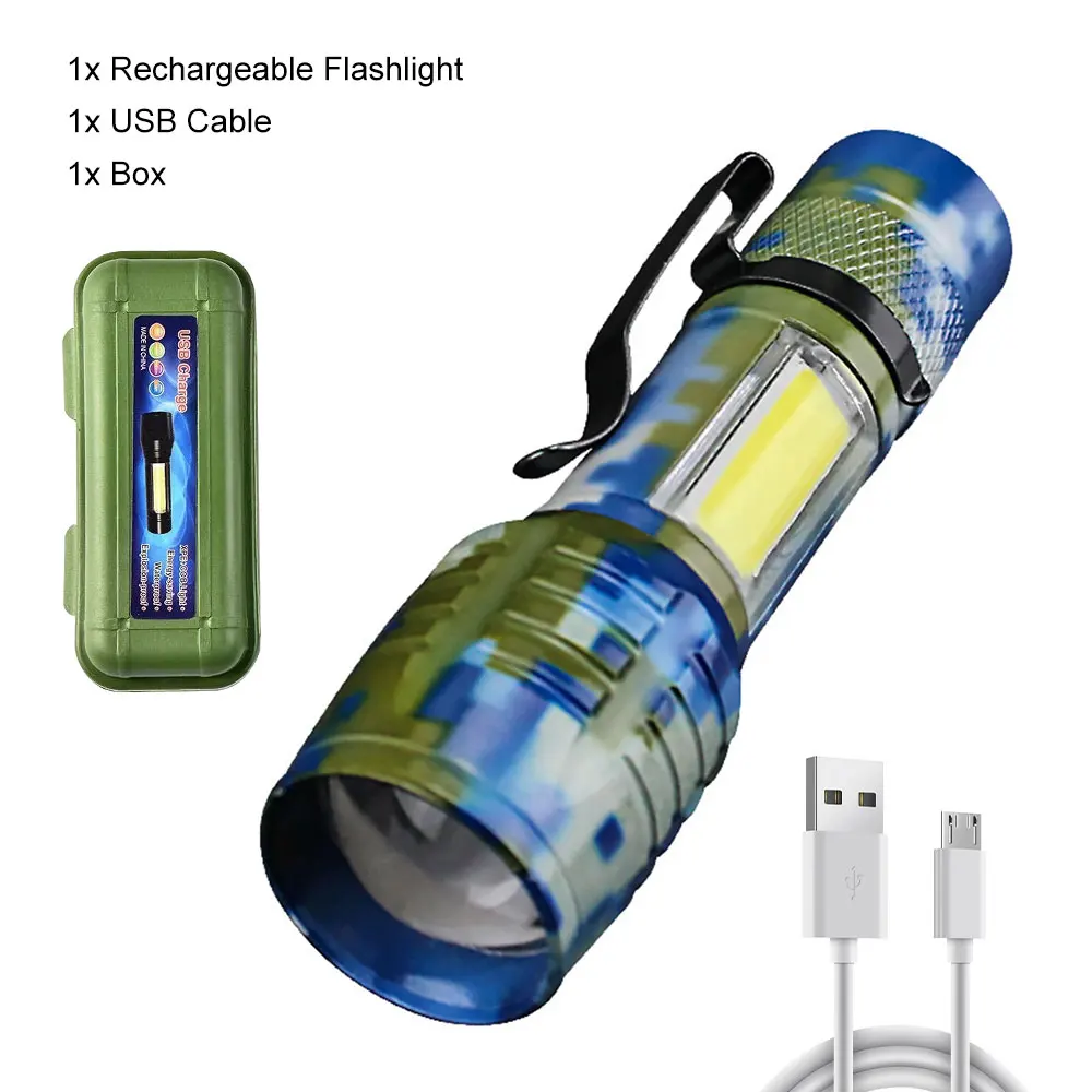 LED Flashlight High Power USB Rechargeable Torch Ultra Light with COB Side Light Portable Hiking Camping LED Flashlight