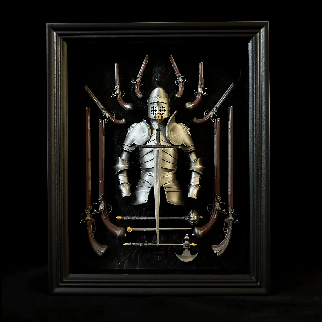 European Knight Musket Armor Photo Frame Epoxy Resin Handmade Hand-Painted Desktop Ornament Medieval Decor