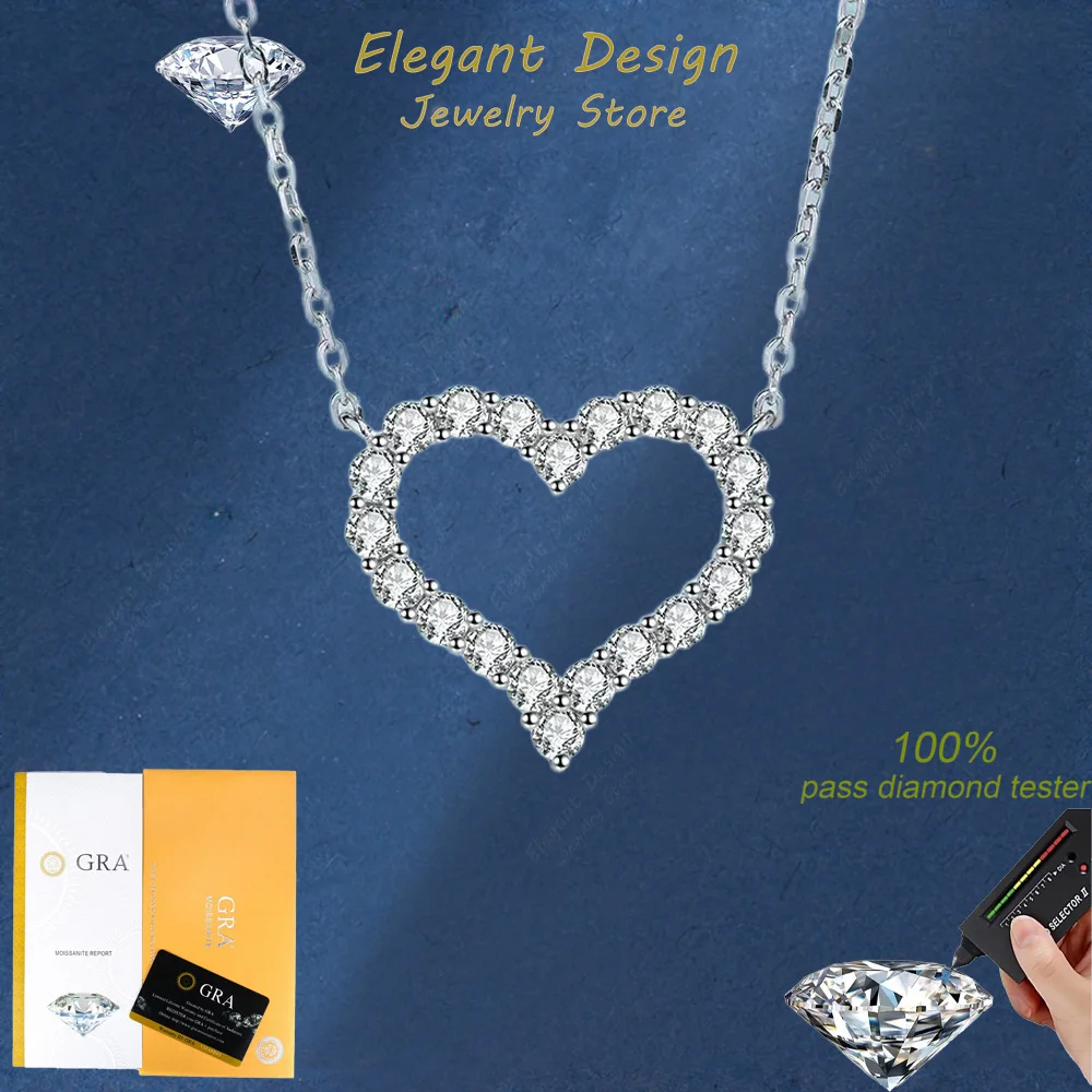 

Elegant Design 0.3/0.6/1.2/2 Carat Moissanite Heart Necklace for Women, Luxury Female PT950 Platinum Pendant Chain Birthday Gift