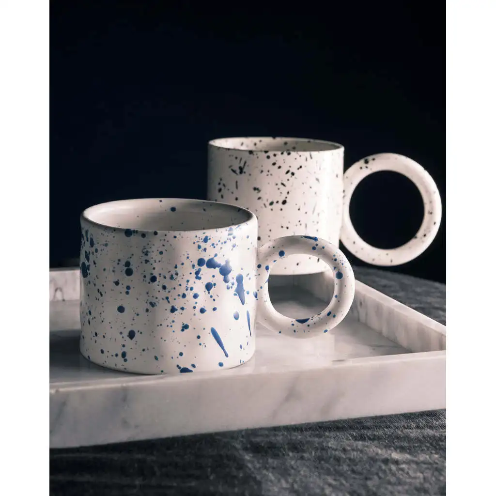 Nordic ceramic coffee mug Custom logo matte glaze spot handmade multicolor dessert teacups with ring handles