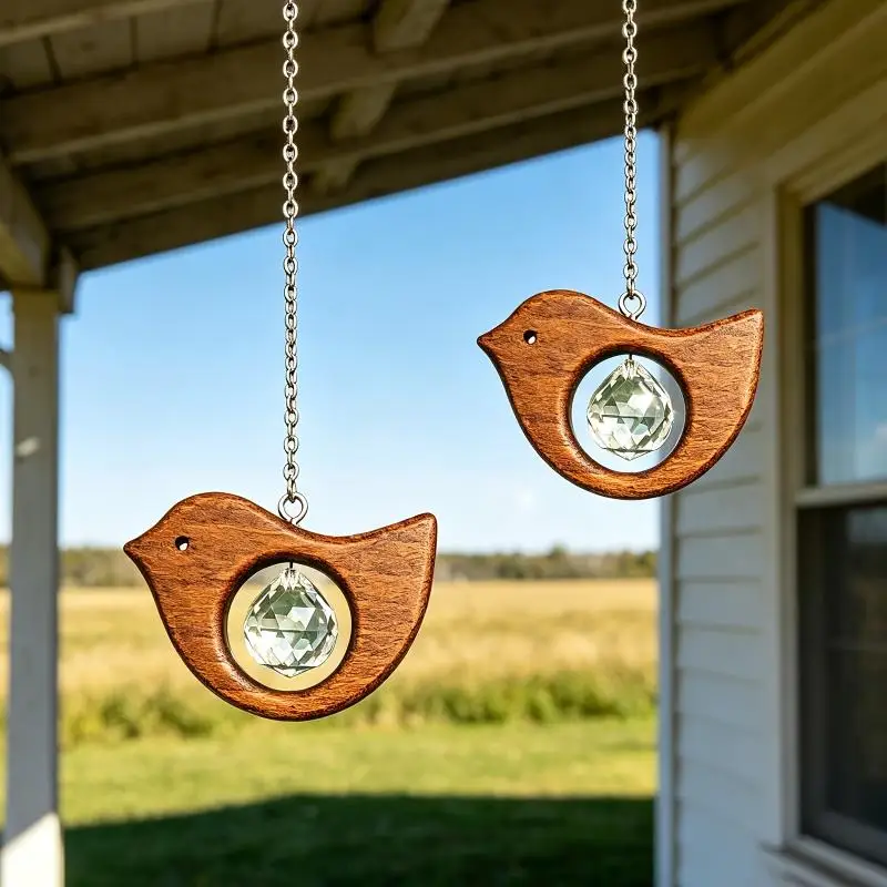 1/3Pcs Rustic Wooden Bird Sun Catcher Crystal Prism Rainbow Window Hanging Suncatcher For Garden Home Decor Bird Lover Gift