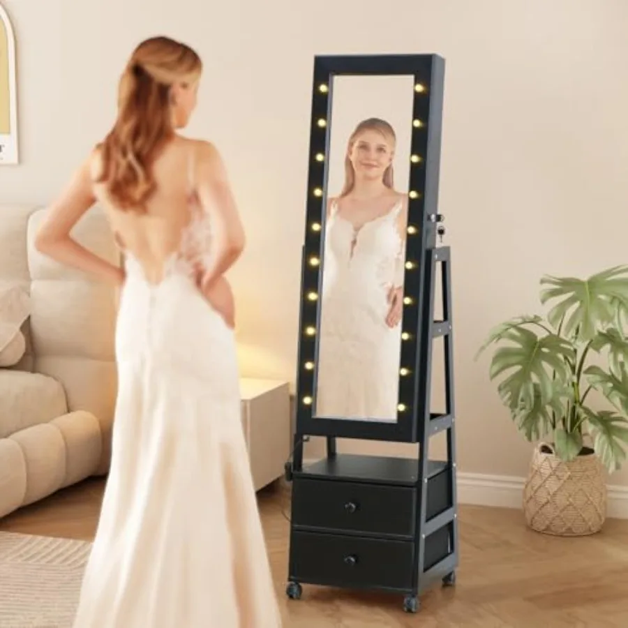 

Органайзер для шкафа для ювелирных изделий, стоячий с 20-светодиодной подсветкой, запираемое зеркало в полный рост, с полками для хранения и 2 ящиками Bl