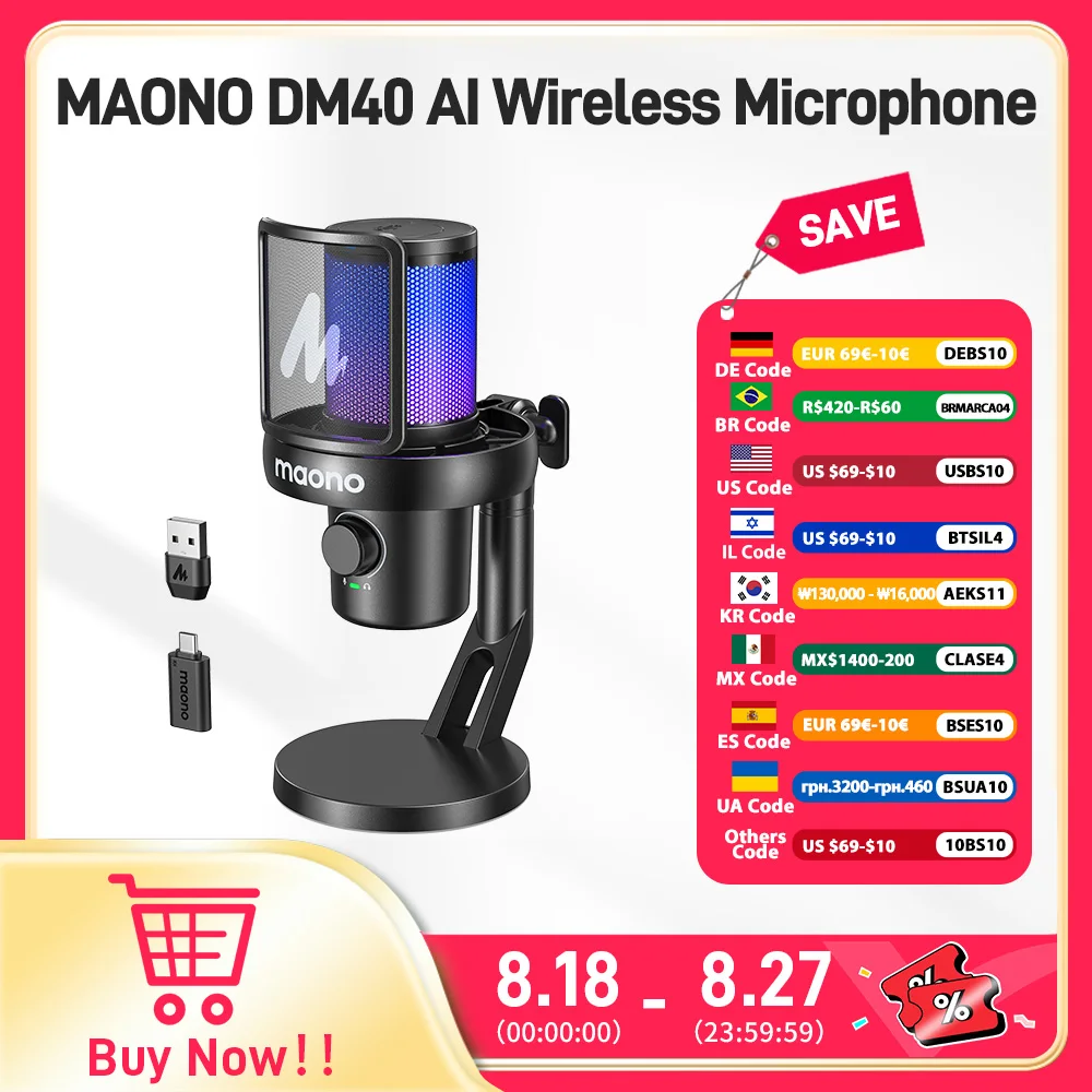 MAONO DM40 Wireless USB Microphone with AI Voice Changer Noise Reduction Condenser Mic for Gaming Streaming PC Laptop Recording