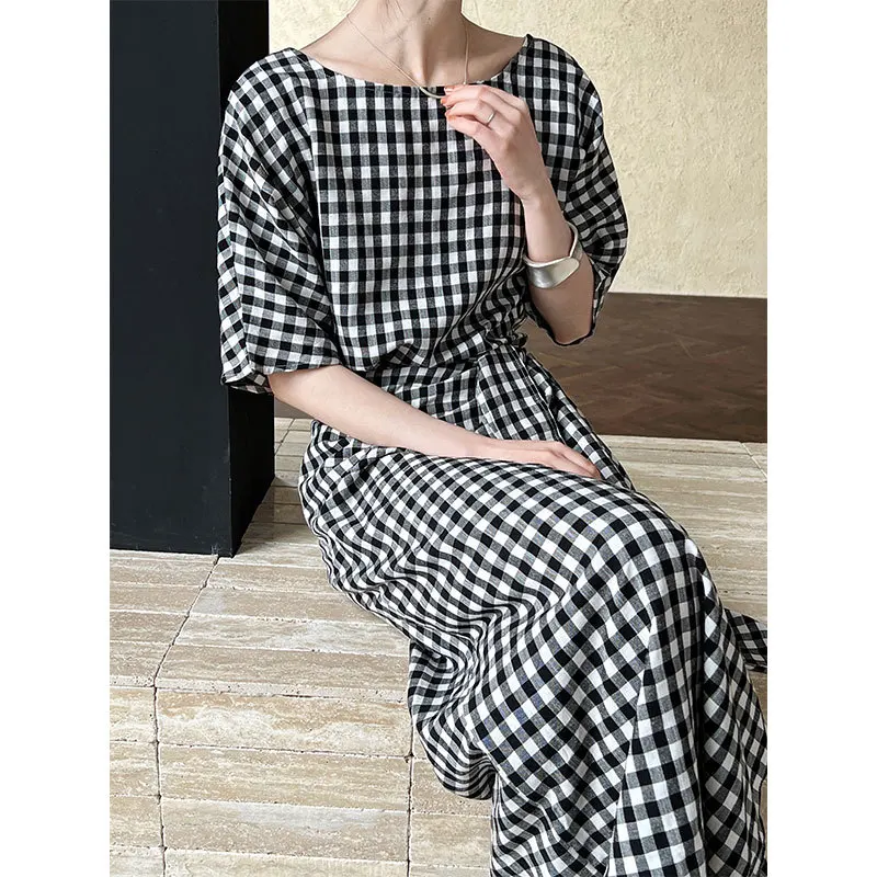 French Irregular One Piece Strap Contrast Plaid Dress Women's Summer Style Slim Skirt