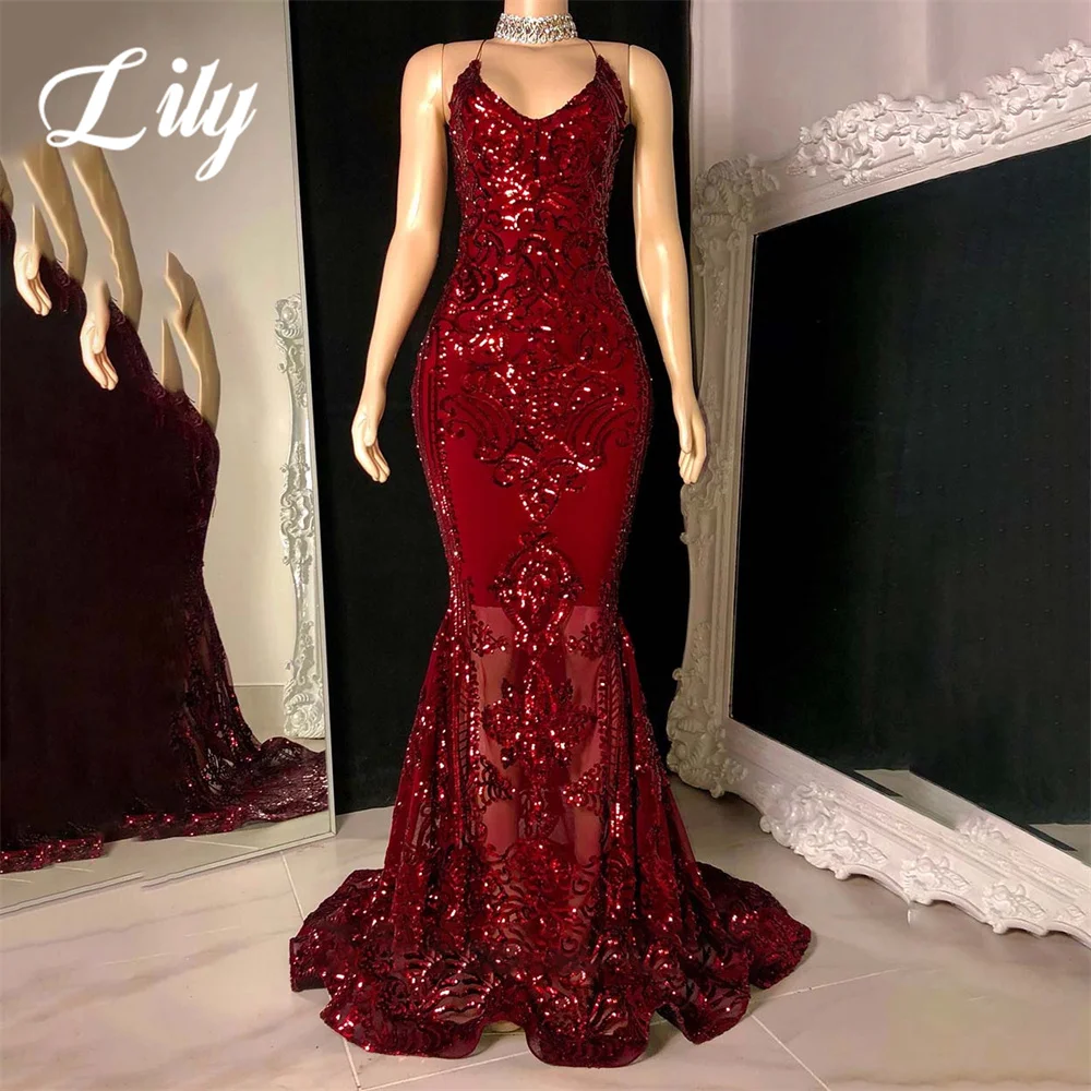 

Lily Burgundy Mermaid Sexy Prom Dress Stain Sequins Celebrity Dress with Pleats Sleeveless Halter Formal Gown vestidos de fiesta