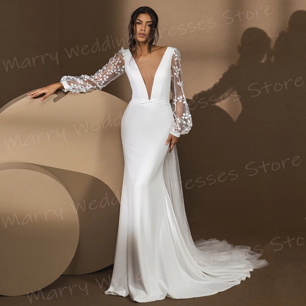 Vestidos de noiva sexy sereia para mulheres, decote em V profundo, vestidos de noiva com renda, manga comprida, vestidos sem costas, bonitos e bonitos, sem costas