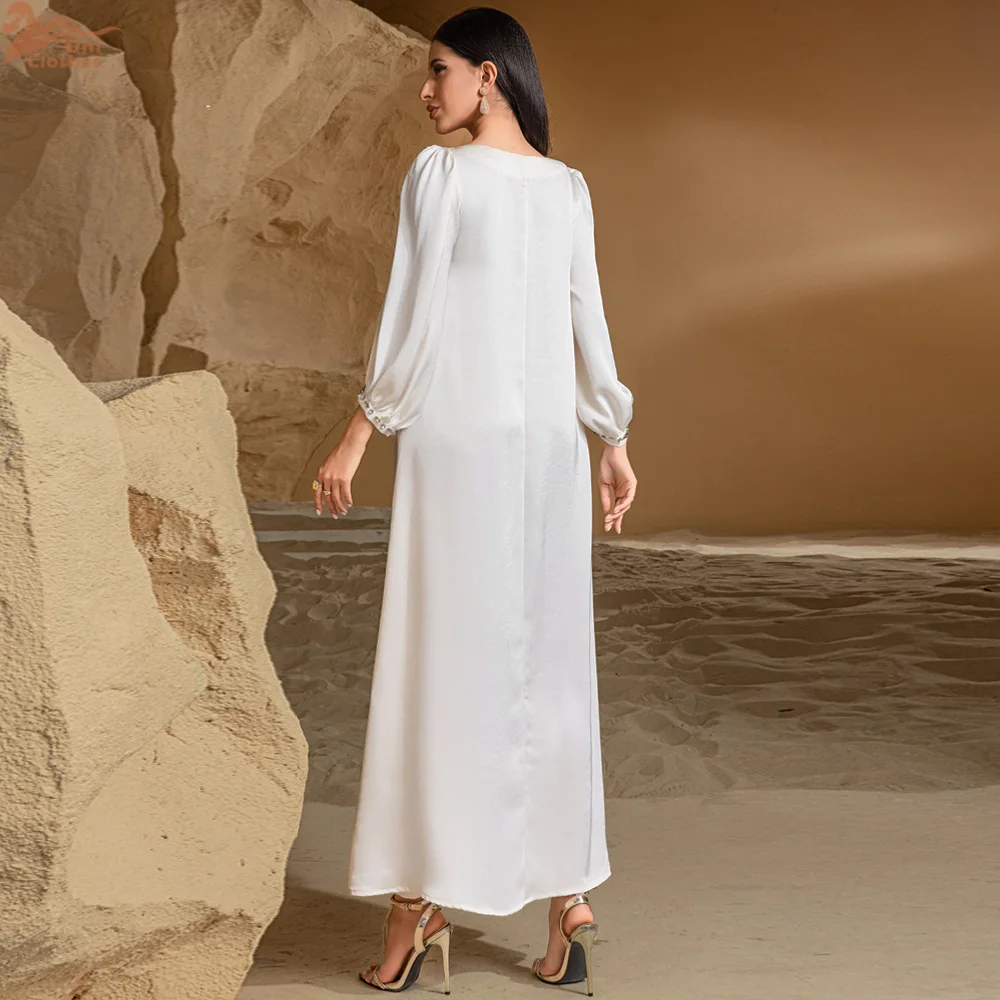 

Uni Morocco Rhinestone Decorated Abaya Dubai Lantern Sleeve Kaftan Loose Solid Maxi Dress 2025