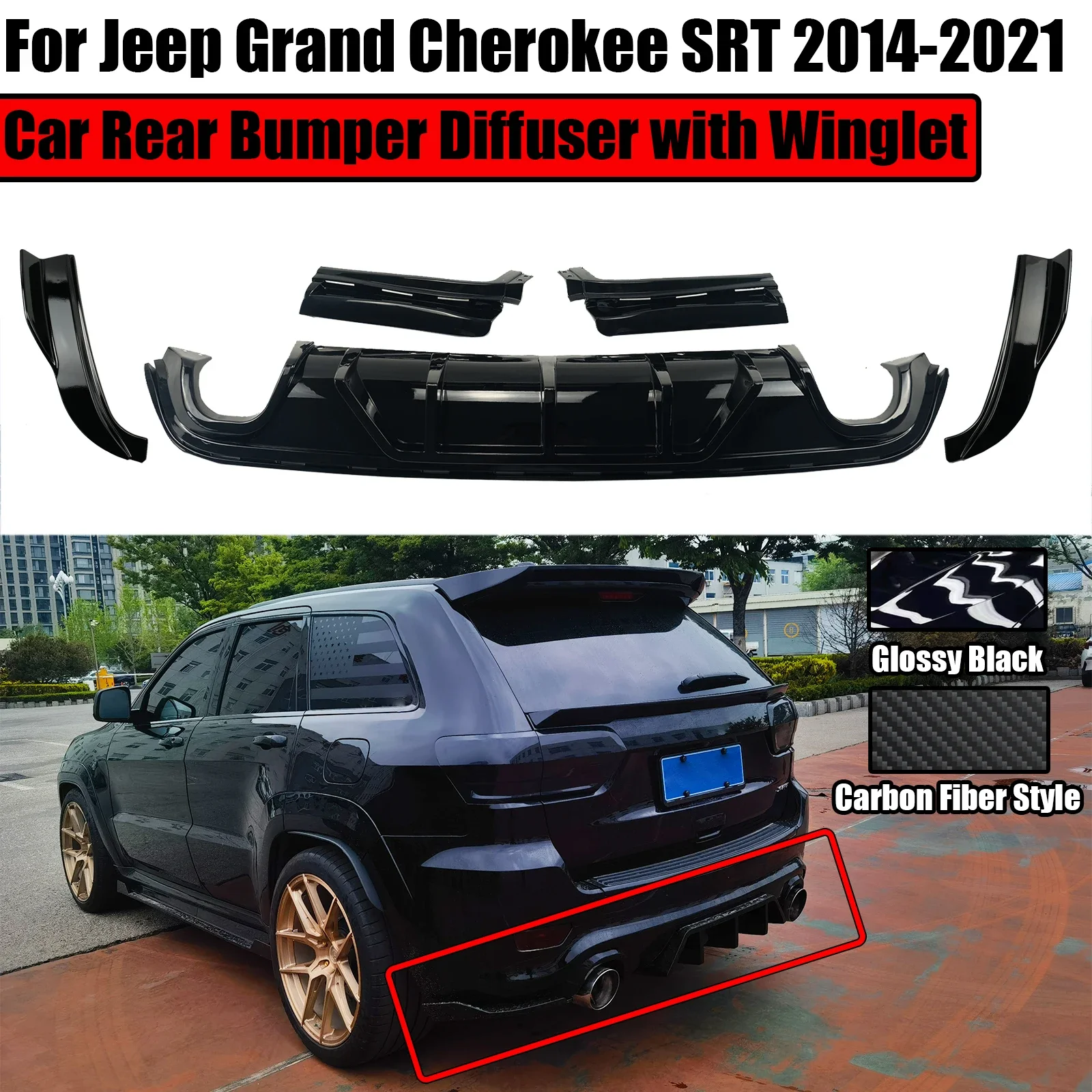 A Set For Jeep Grand Cherokee SRT 2014-2021 Car Rear Bumper Diffuser With Winglet Side Corner Splitter Spoiler Lip Modified Kit