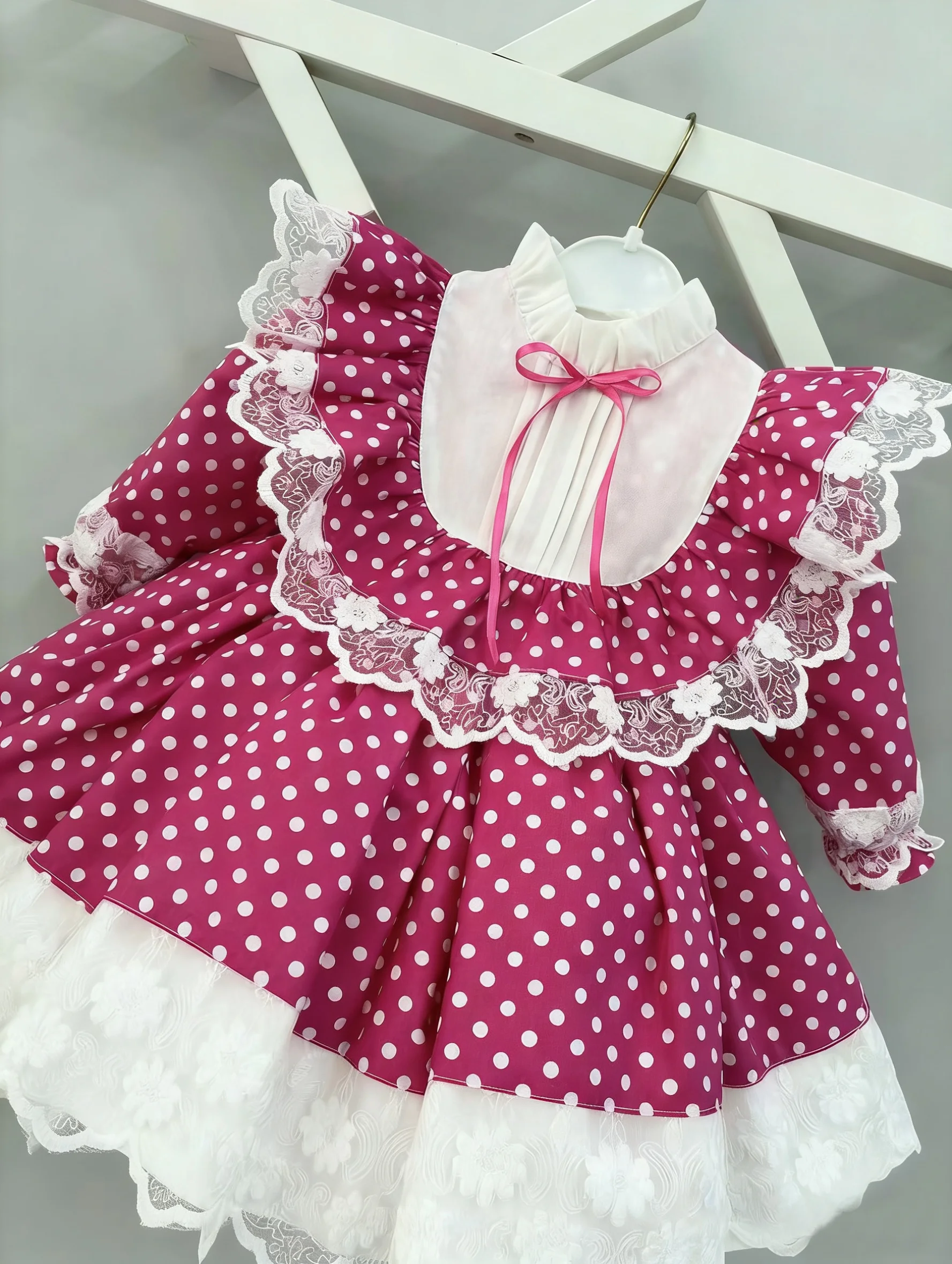 0-12Y Baby Girl Autumn Rose Red White Dot Vintage Princess Dress for Birthday Photography Holiday Eid C358