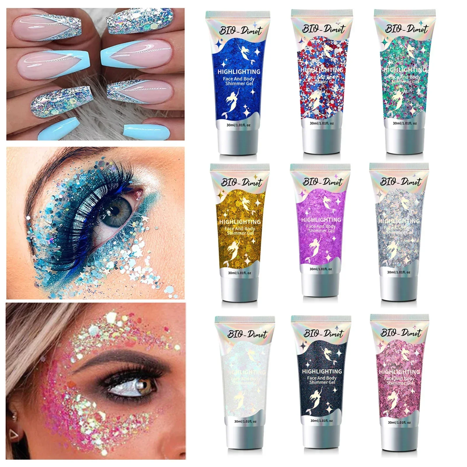 BIO-Dimot 30g Gel brilhante brilhante para rosto e corpo, gel brilhante multiuso para unhas, olhos, cabelo, bochechas - festa, palco, arte de maquiagem