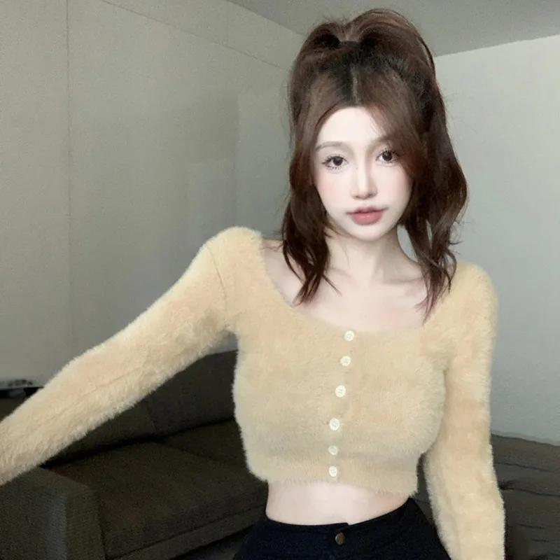 Women's Cropped Cardigan Sweaters Female Slim Expose Navel Plush Top Solid Color Square Neck Long Sleeves Cardigan Knitted Top