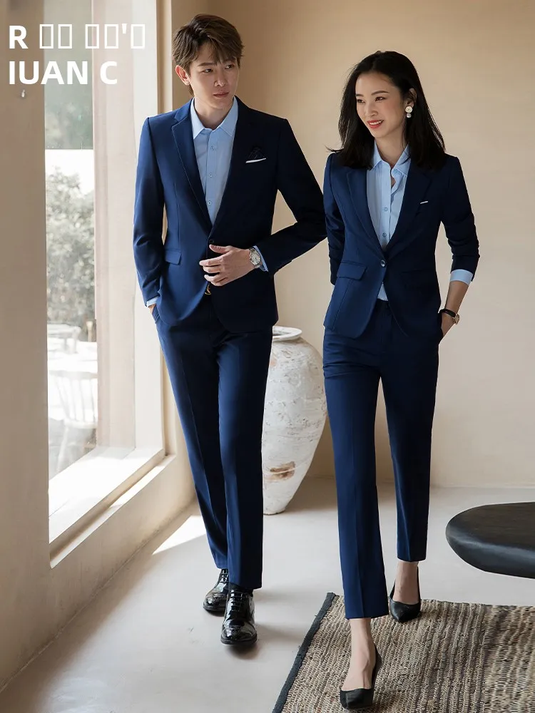 ชุดสูทแขนยาวสีน้ำเงินสำหรับผู้หญิงและผู้ชาย รุ่นใหม่สำหรับฤดูใบไม้ร่วง ชุดทำงาน ผลิตจากโพลีเอสเตอร์และเส้นใยวิสโคส