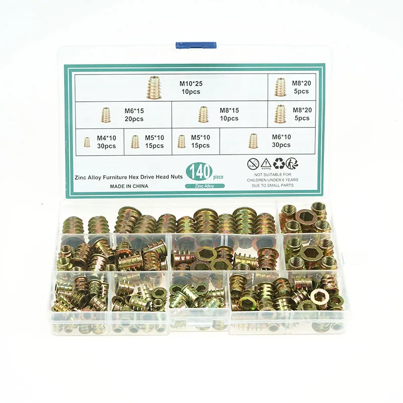 

Набор предварительно врезных гаек из 140 штук: трапециевидные гайки из цинкового сплава с Т-образными внутренними и внешними зубьями и промежуточной втулкой.