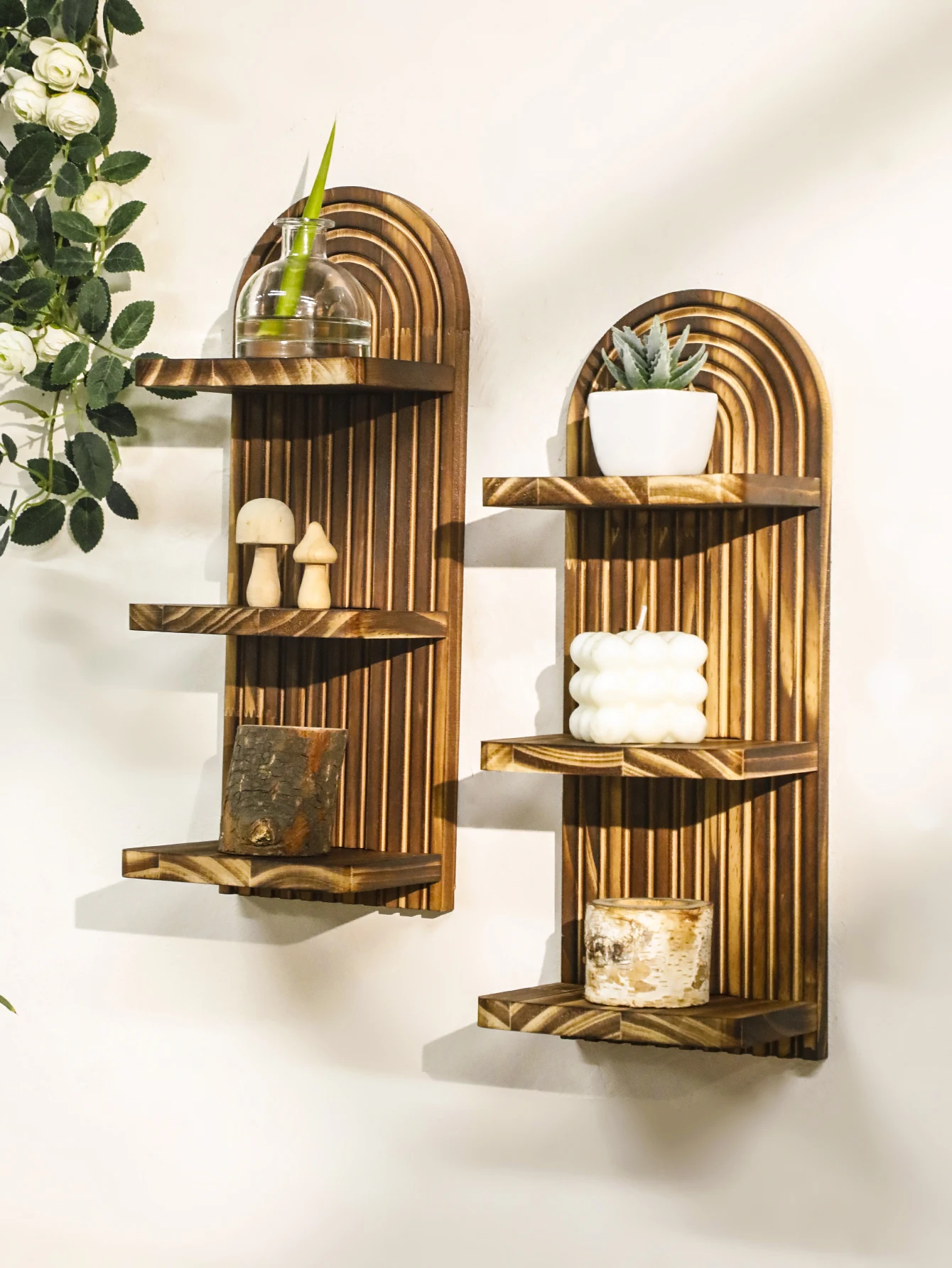 1Pc Boho Style Wooden Wall Shelves - Geometric Wall Mounted Shelves, Natural Wood Finish, Modern Home Decor, Plant Decorative