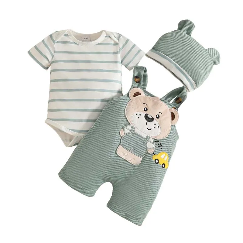

0-18 Months Baby Boy Clothing Sets Cute Summer Stripes Bodysuit+Cartoon Bear Suspender Trousers+Hat 3Piece Newborn Outfits