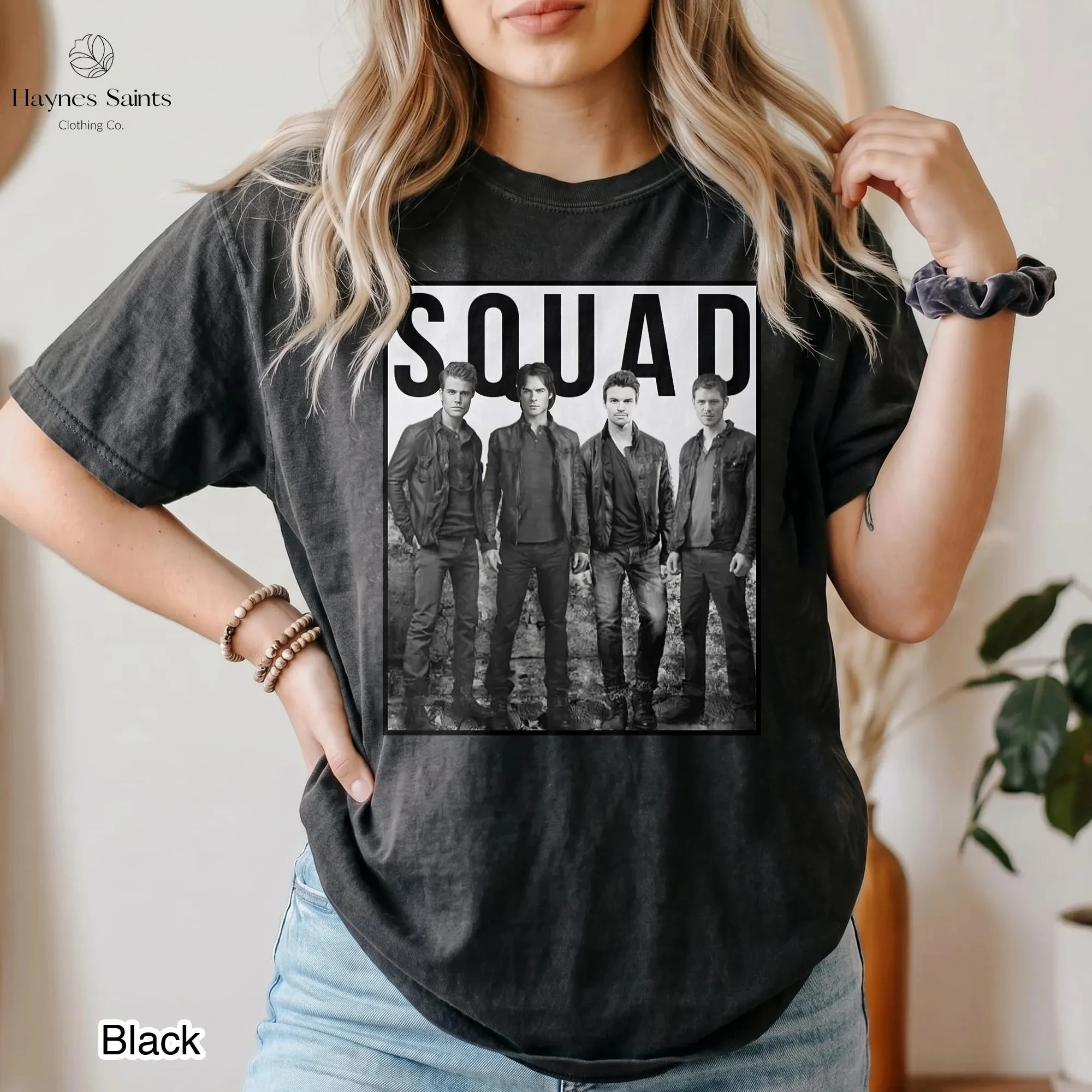 Vampire Diaries Squad T-shirt, Damon Salvatore T-shirt, First Generation Vampire Fan Gift, Mystic Falls Town Pattern T-shirt