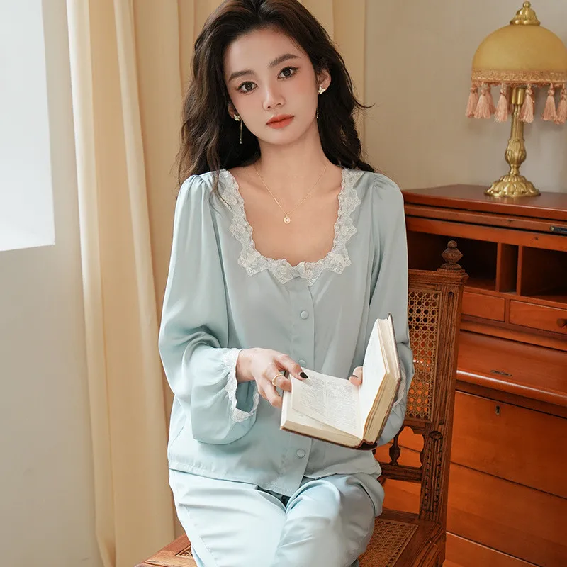 French Style Loose Two-Pieces Silk Nightwear Lace Round Neck Full Sleeves Pajamas For Women Simple Cardigan Long Pants Sleepwear